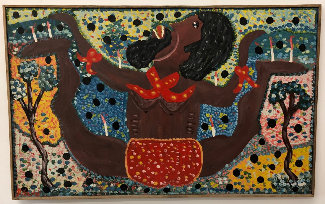 Gerard Fortune (Haitian/Haiti) Candle Ceremony: Gerard Fortune (Haitian/Petionville, 1933-2020) Candle Ceremony Oil on canvas, 29 x 46 inches Framed dimensions: 30 3/4 x 47 1/2 inches Lot Essay: Spiritual enlightenment and whimsy are what drive Ger