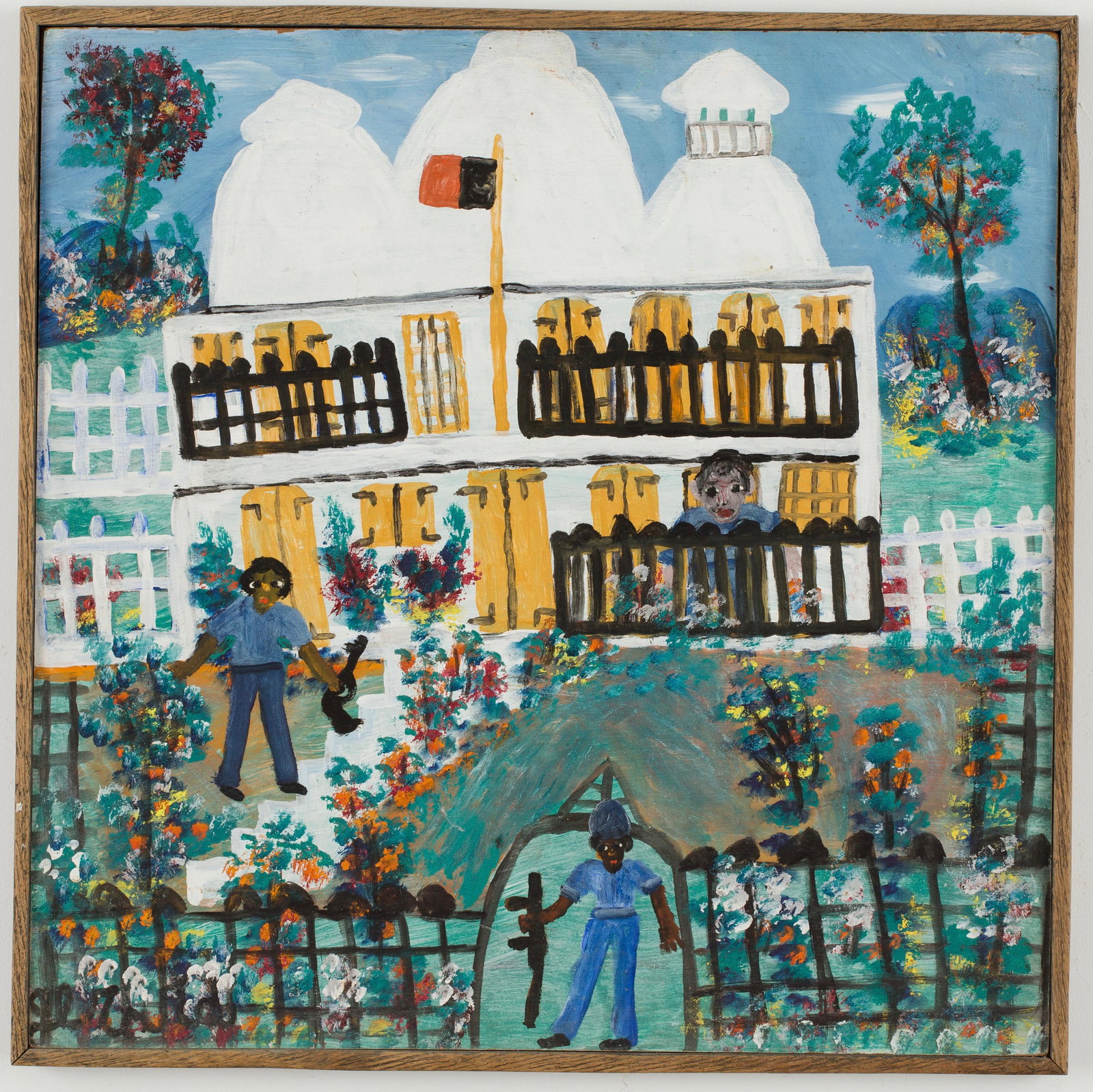 Gerard Fortune (Haitian) Military Barracks, 1970s: Gerard Fortune (Haitian/Petionville, 1933-2020) Military Barracks Oil on masonite, 24 x 24 inches Framed dimensions: 24 3/4 x 24 3/4 inches Lot Essay: Spiritual enlightenment and whimsy are what drive