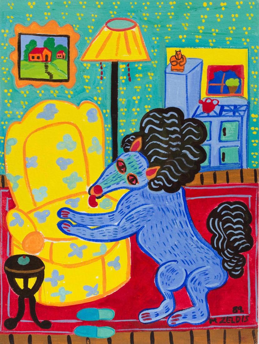 Malcah Zeldis (American) Dog Waiting, Folk, Outsider: Malcah Zeldis (American, b. 1931) (Dog) Waiting for the Master Mixed media on paper, 12 x 9 inches Unframed Lot Essay:Malcah Zeldis (born Mildred Brightman) is an American folk painter. From October 2