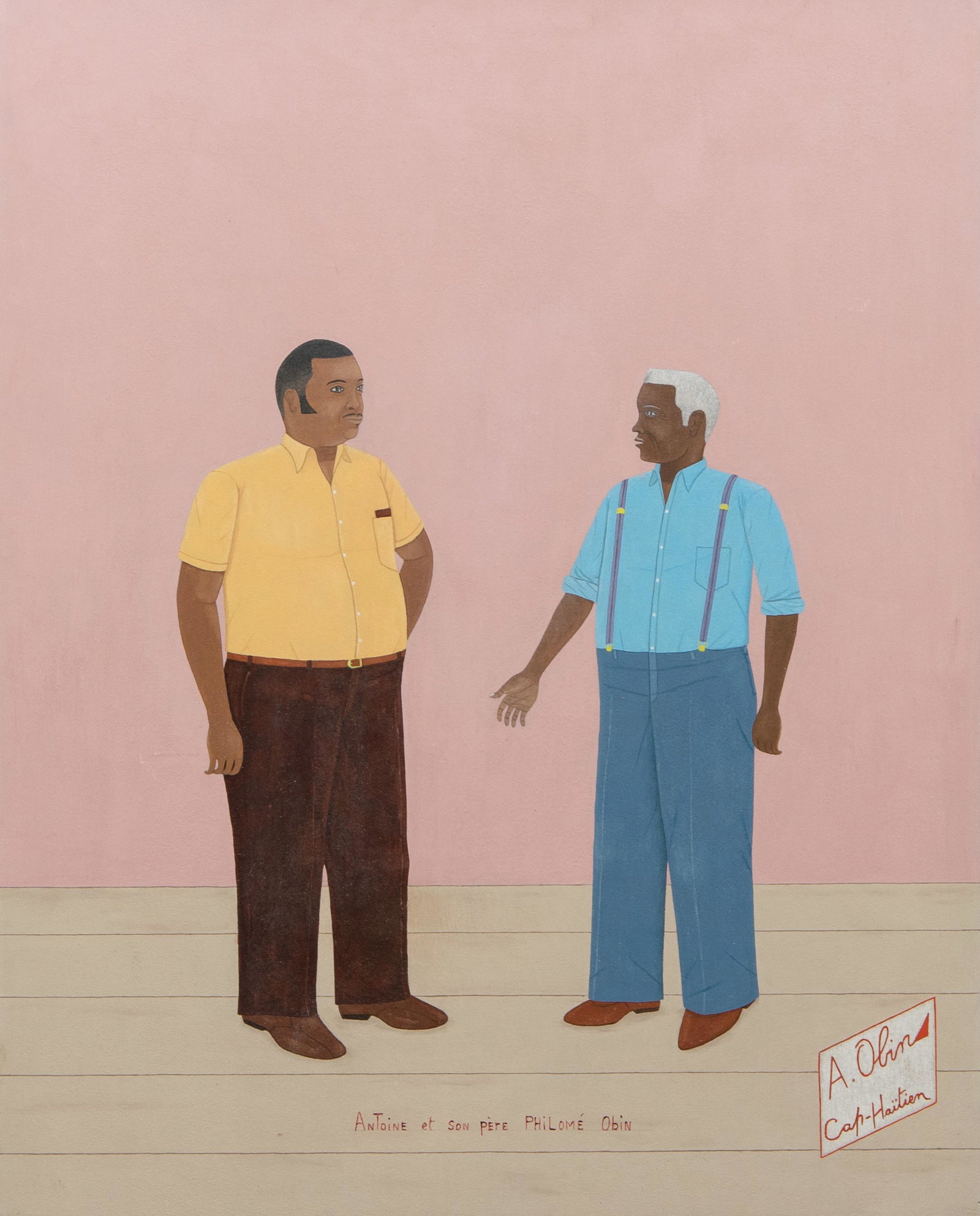 Antoine Obin (Haitian/Haiti) Artist with his Father: Antoine Obin (Haitian/Cap-Haitien, 1929-1992) Antoine et son pere Philome Obin, ca. 1980's Oil on masonite, 20 x 16 inches Framed dimensions: 22 x 18 inches New hand stained floater wood frame. Proven