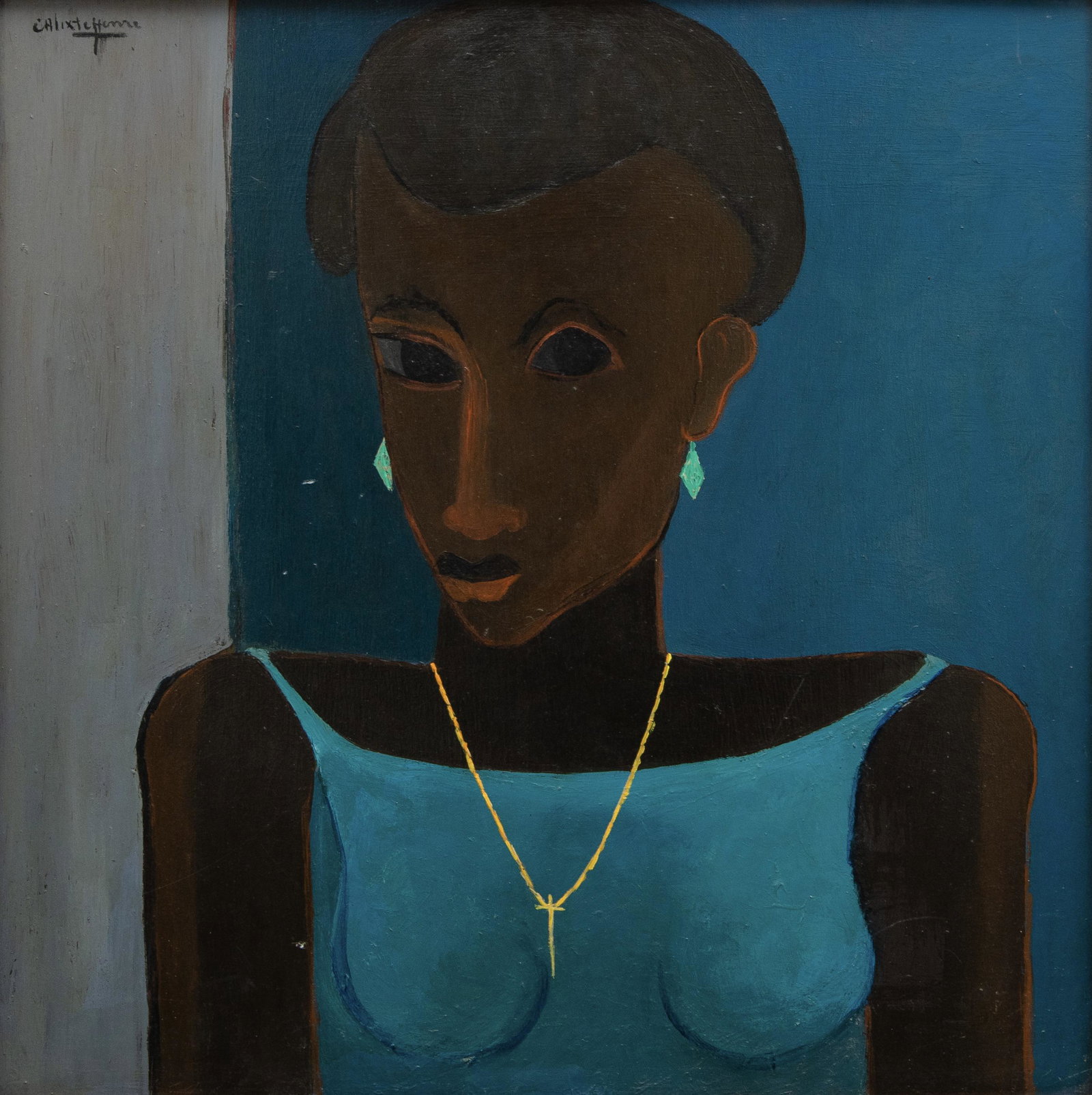 Henri Calixte (Haitian/Haiti) Portrait in Blue Dress: Henri Calixte (Haitian/Port-au-Prince, b. 1933) Portrait in Blue with Cross, circa early 1970s Oil on masonite, 24 x 24 inches Framed dimensions: 25 x 25 1/8 inches Provenance: Galerie Monnin Anne Gri