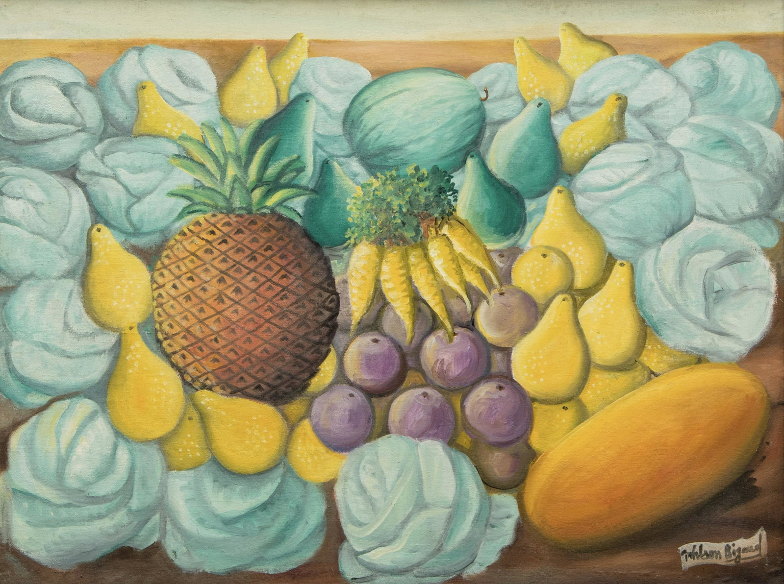 Wilson Bigaud (Haitian/Haiti) Still Life, circa 1962: Wilson Bigaud (Haitian, 1931-2010) Still Life/Naure Morte avec Fruits, circa 1962 Oil on canvas, 24 x 32 inches Framed dimensions: 25 ½ x 33 ½ inches Provenance: Fahimie Marks Collection