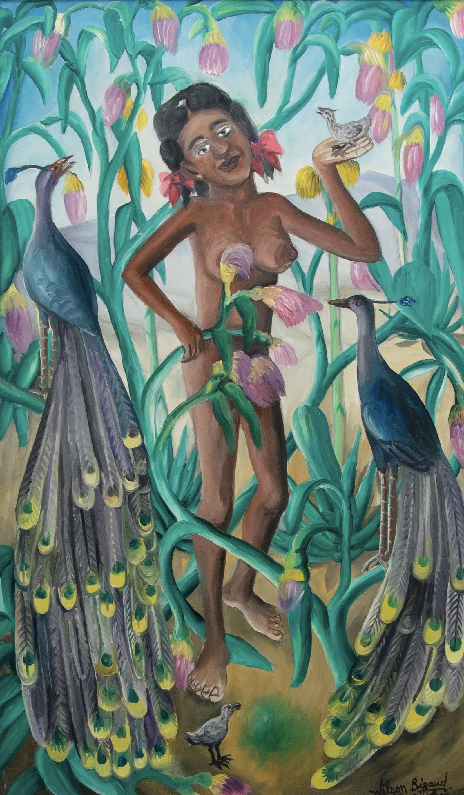 Wilson Bigaud (Haitian/Haiti) Nude with Peacocks, 1970s: Wilson Bigaud (Haitian, 1931-2010) Woman with Peacocks and Roses, circa 1970's Oil on masonite, 40 x 24 inches Framed dimensions: 45 7/8 x 29 3/4 inches Provenance: Anne Grimmer-James Fastenrath Colle