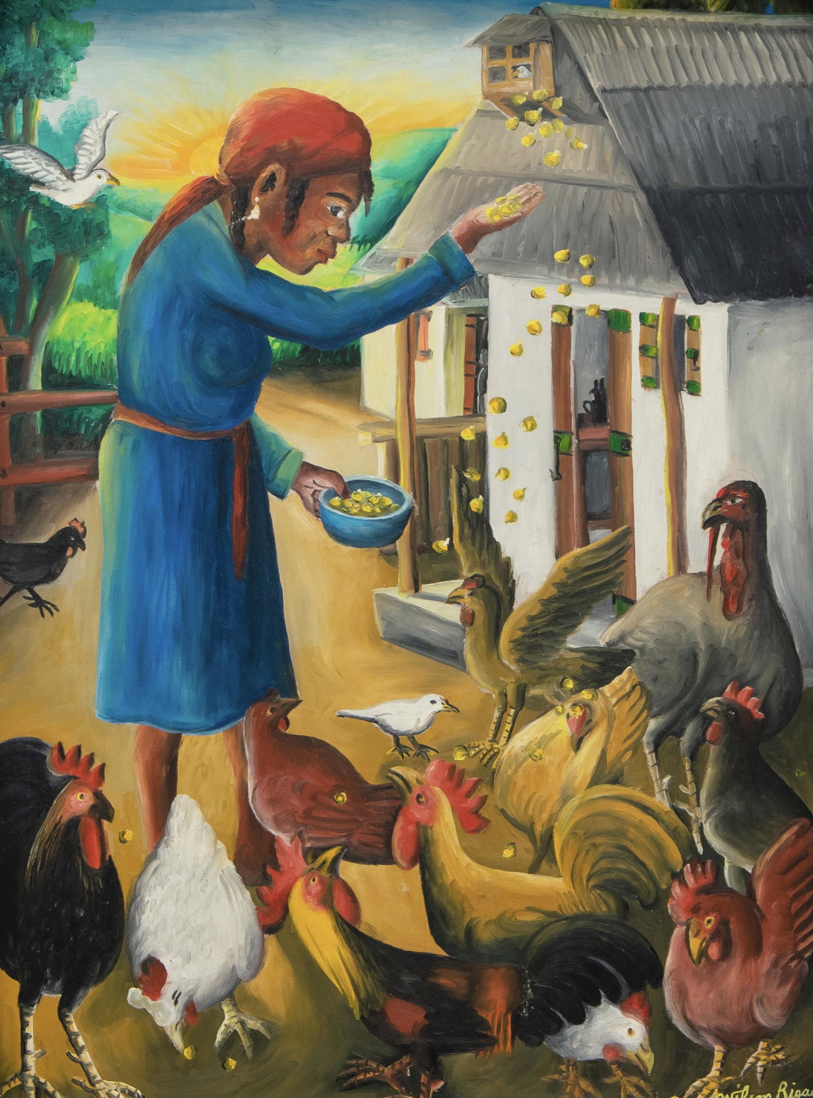 Wilson Bigaud (Haitian/Haiti) Feeding at Sunrise: Wilson Bigaud (Haitian, 1931-2010) Feeding Chickens at Sunrise Oil on masonite, 24 x 18 1/4 inches Framed dimensions: 25 1/4 x 19 1/4 inches Provenance: Anderson Hopkins (Bob Brictson and Anderson Hop