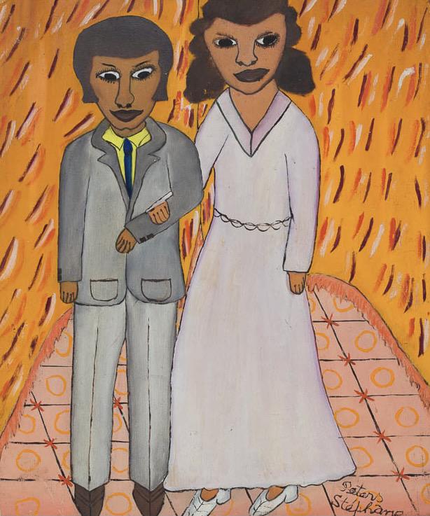 Peters Stephane (Haitian/Haiti) Couple, c.1960's: Peters Stephane (Haitian, 20th C.) Formal Couple, circa 1960's Oil on masonite, 13 x 10 1/2 inches Framed dimensions: 18 x 15 inches