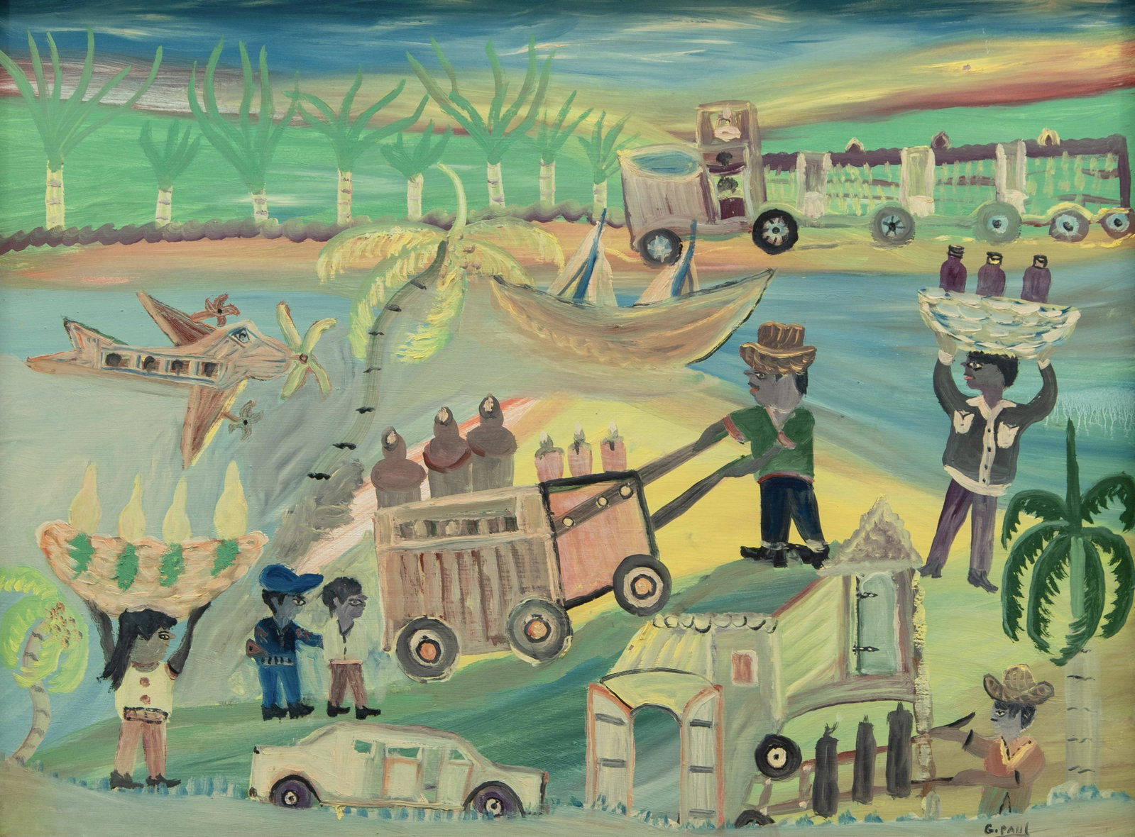 Gerard Paul (Haitian/Haiti) Tourism: Gerard Paul (Haitian/Port-au-Prince, b. 1943) Haiti's Tourism and Transportation Oil on masonite, 24 x 32 inches Framed dimensions: 25 x 33 inches Provenance: Anne Grimmer-James Fastenrath Collection 