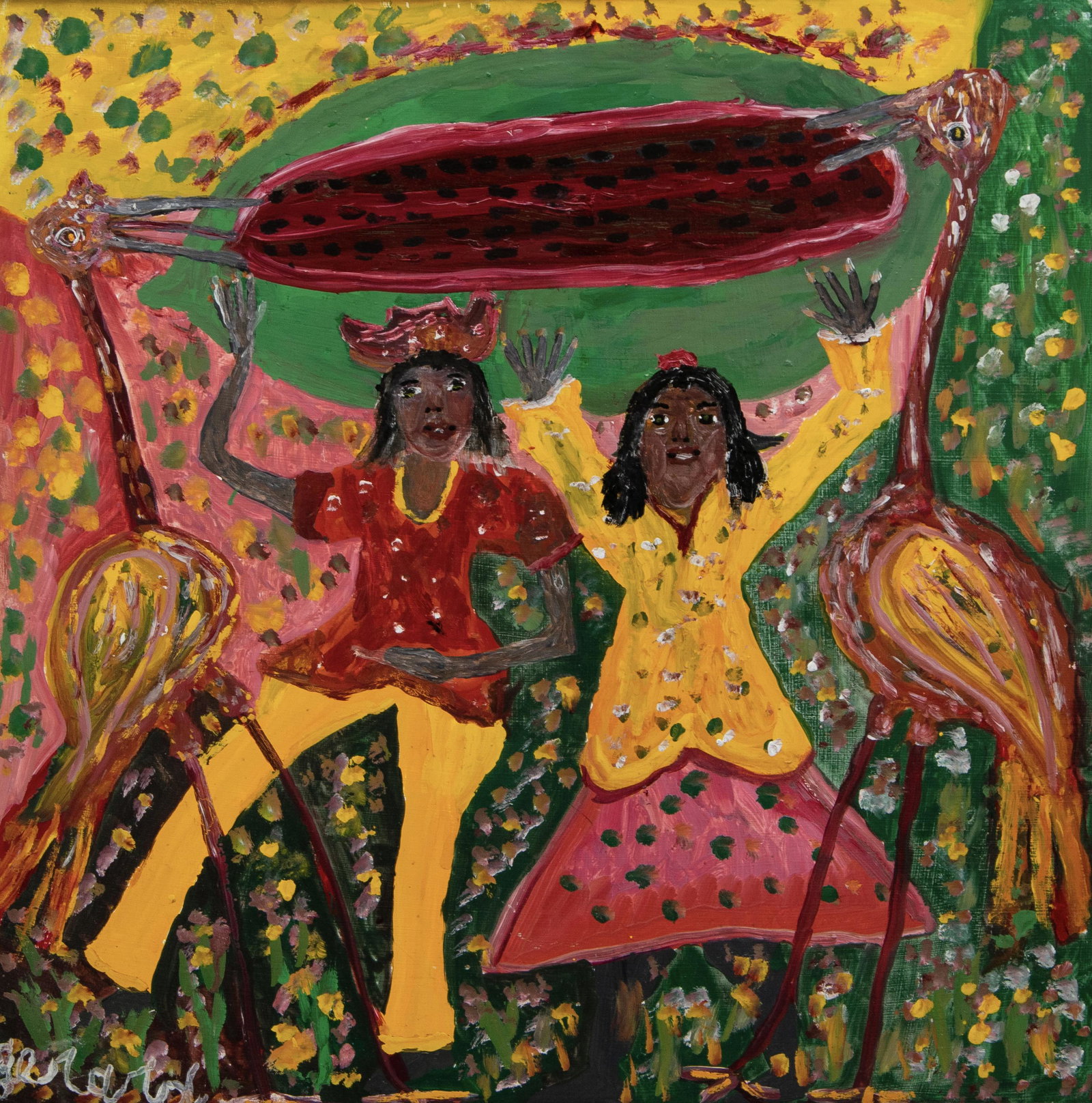 Gerard Fortune (Haitian/Haiti) Couple & Watermelon: Gerard Fortune (Haitian/Petionville, 1933-2020) Couple, Watermelon & Birds, circa 1980 Oil on masonite, 24 x 23 3/4 inches Framed dimensions: 24 3/4 x 24 5/8 inches Provenance: Dr. Bob Brictson Estate