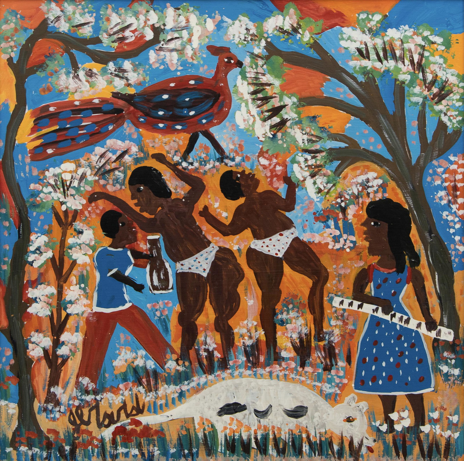 Gerard Fortune (Haitian/Haiti) Party with Bathers: Gerard Fortune (Haitian/Petionville, 1933-2020) Party with Bathers & Animals, circa 1990's Oil on masonite, 24 x 24 inches Framed dimensions: 28 x 28 inches Provenance: Astrid & Dr. Halvor Jaeger Lot 