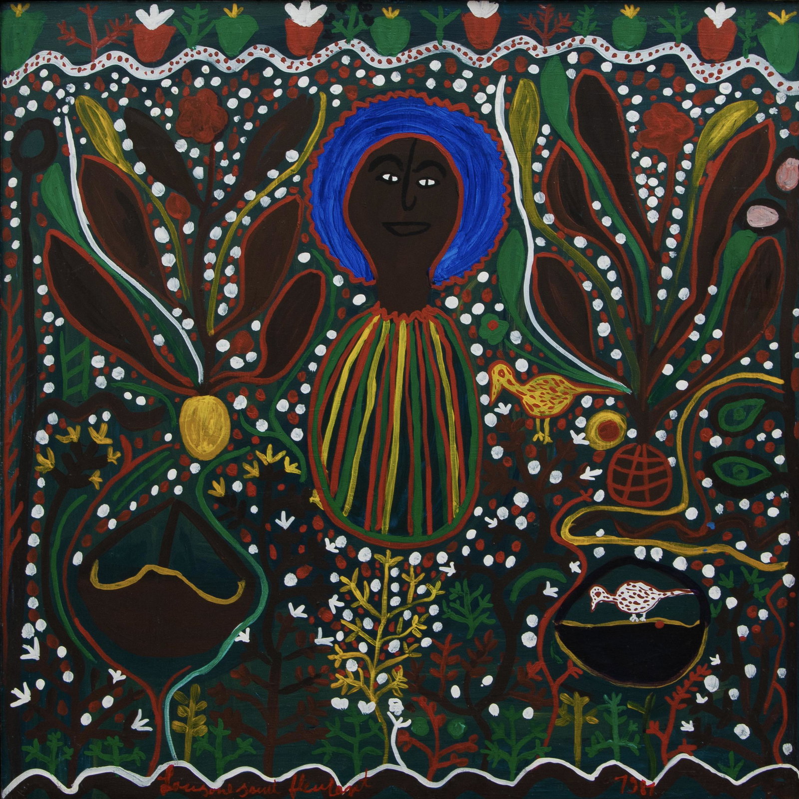 Louisiane Saint-Fleurant (Haitian/Haiti) Loa Figure: Louisiane Saint-Fleurant (Haitian/ Petit-Trou-de-Nippes,1924-2005) Untitled (Loa Figure, #5), dated 1987 Oil on masonite, 24 X 24 inches Framed dimensions: 24 3/4 x 25 5/8 inches Provenance: Dr. Bob B
