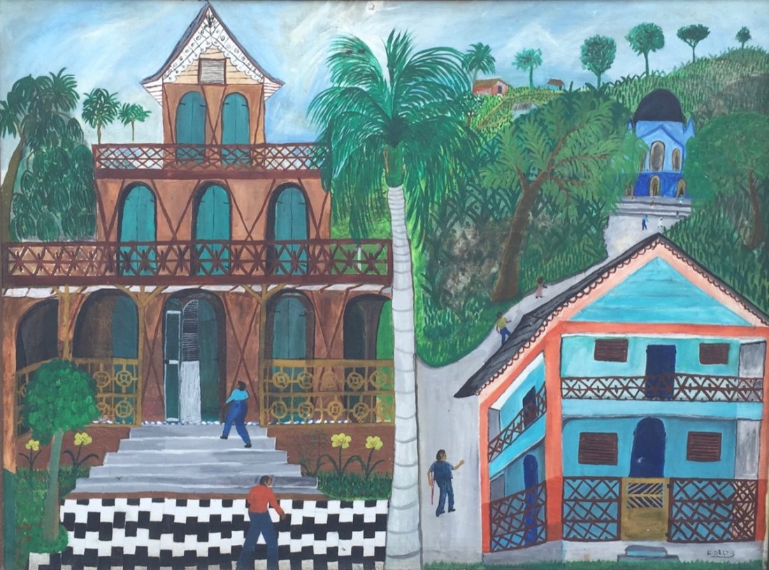 L. Deltis (Haitian/20th C.) Gingerbread Houses on: L. Deltis (Haitian/20th C.) Gingerbread Houses on Hillside Oil on canvas, un-stretched, 35 Â¾" x 47 Â¾" Provenance Clayton Willis Estate Condition: small hole in canvas (upper center), un-stretche