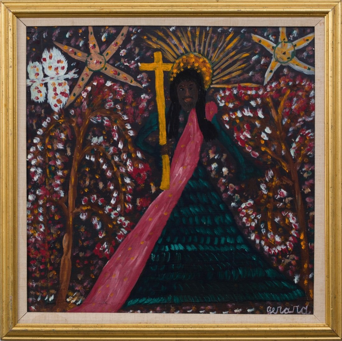 Gerard (Fortune) (Haitian/Petionville, b. 1933), Vodou: Gerard (Fortune) (Haitian/Petionville, b. 1933) Vodou Deity Holding Cross, Circa 1970 Oil on wood, framed, 24" x 24" Provenance Clayton Willis Estate Condition: old frame This lot is part of the Clayt