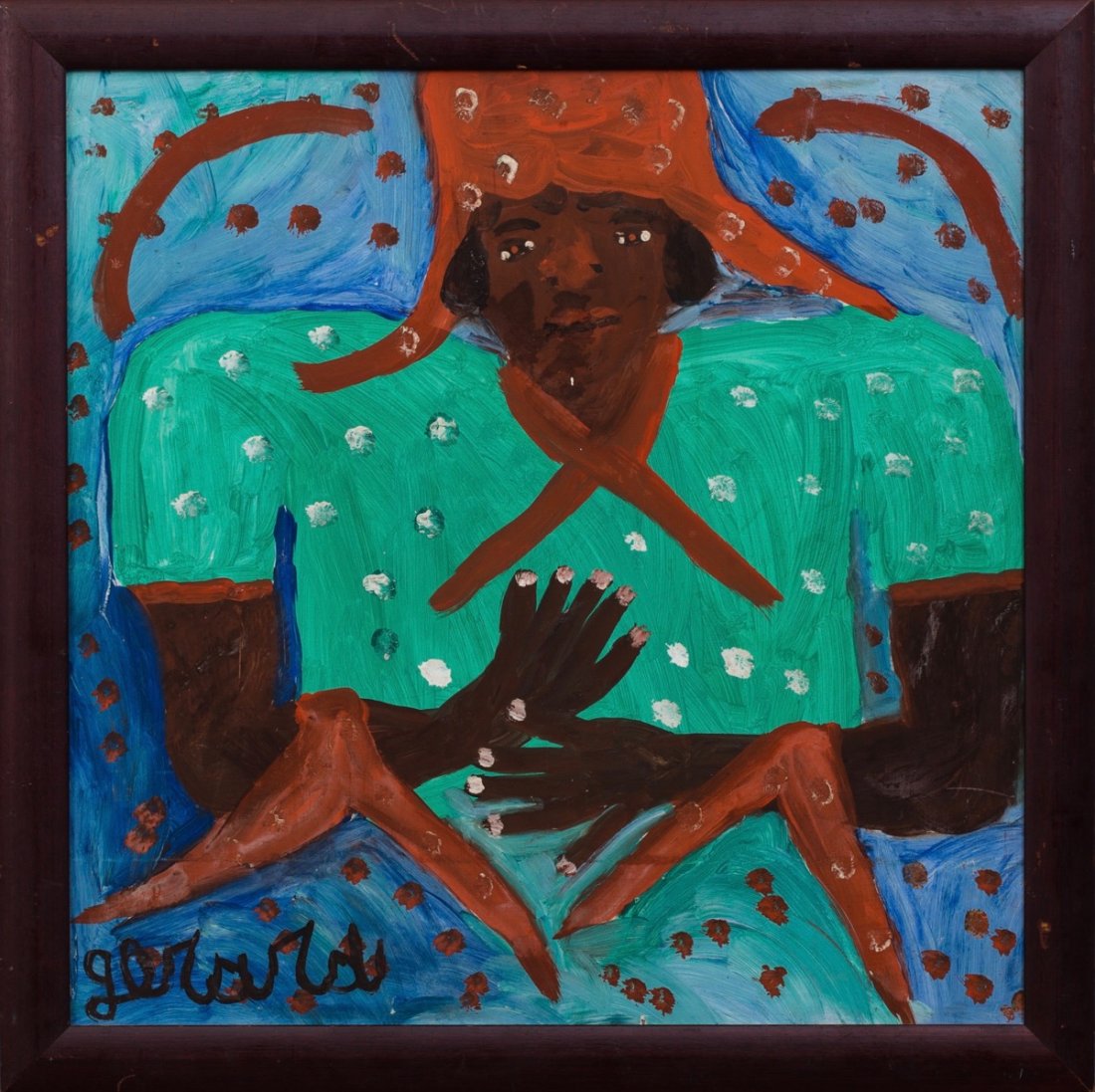 Gerard (Fortune) (Haitian/Petionville, b. 1933), Figure: Gerard (Fortune) (Haitian/Petionville, b. 1933) Figure in Green (Abitam), Circa 1970s Oil on masonite, framed, 24" x 24" Provenance Clayton Willis Estate Condition: surface dirt, old frame This lot is