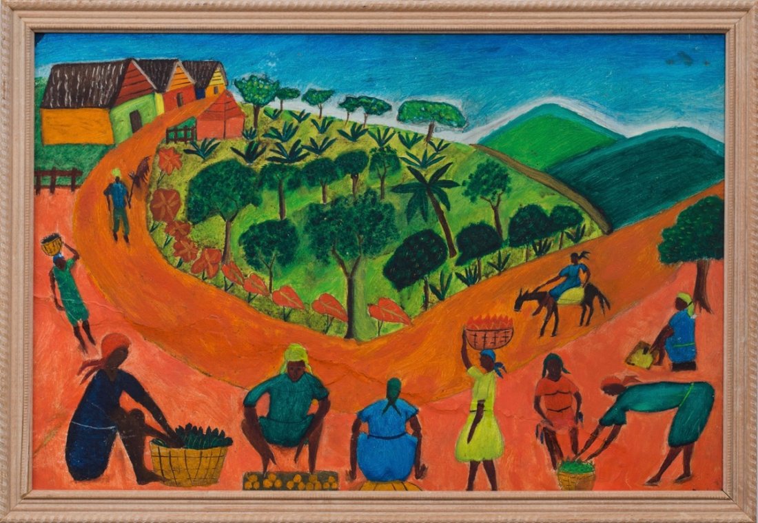 L. Blain (Haitian/20th C.) Village Scene, Folk Art: L. Blain (Haitian/20th C.) Orange Road to Market, circa 1970's Oil on masonite, framed, 16" x 24" Provenance Clayton Willis Estate Condition: surface dirt, old frame This lot is part of the Clayton W