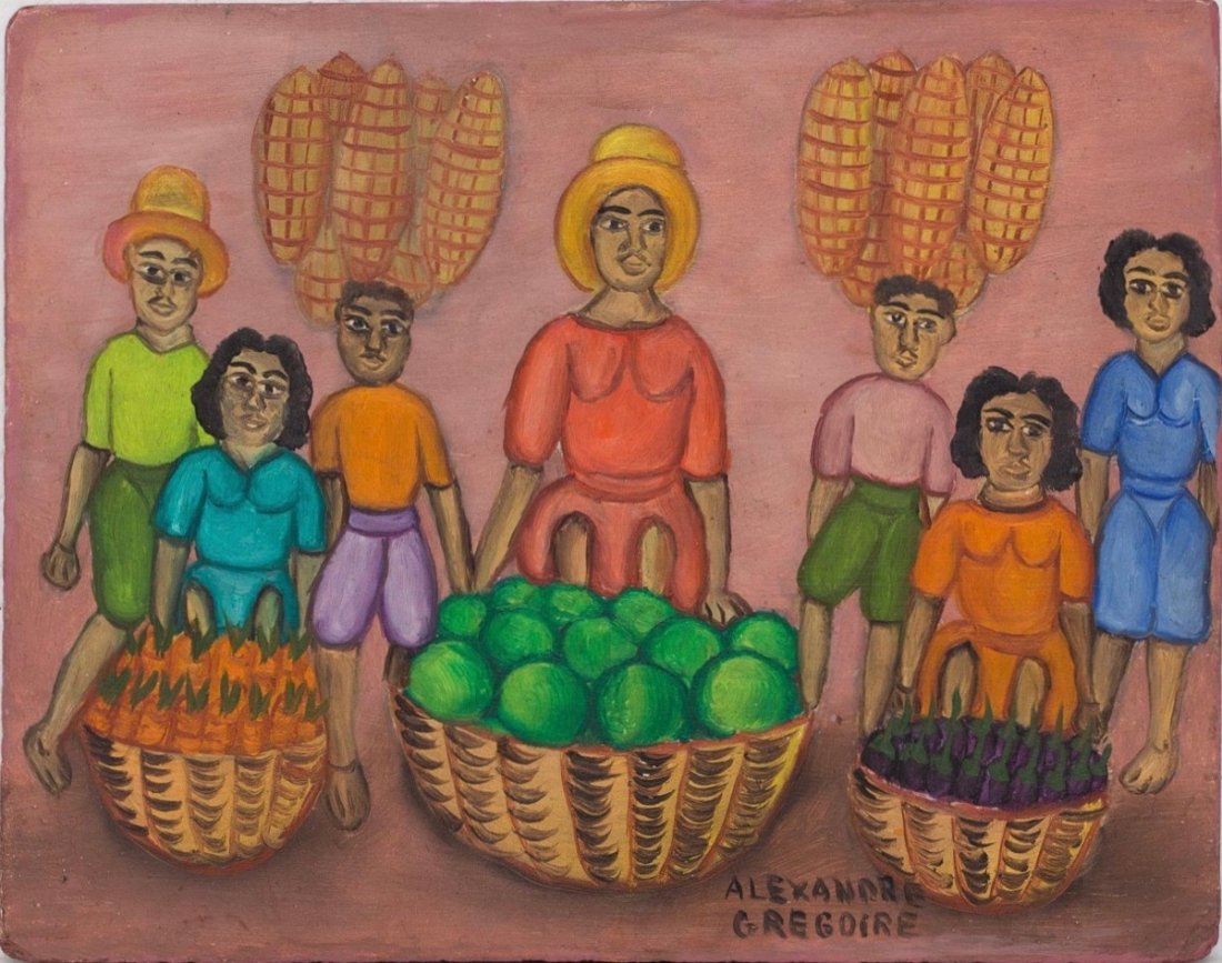 Alexandre Gregoire (Haitian/Jacmel, 1922-2001) Vendors,: Alexandre Gregoire (Haitian/Jacmel, 1922-2001) Marché and Basket Vendors, c. 1960's Oil on masonite, Unframed, 8"x10" A musician and military saxophone player, Gregoire, with the encouragement of the