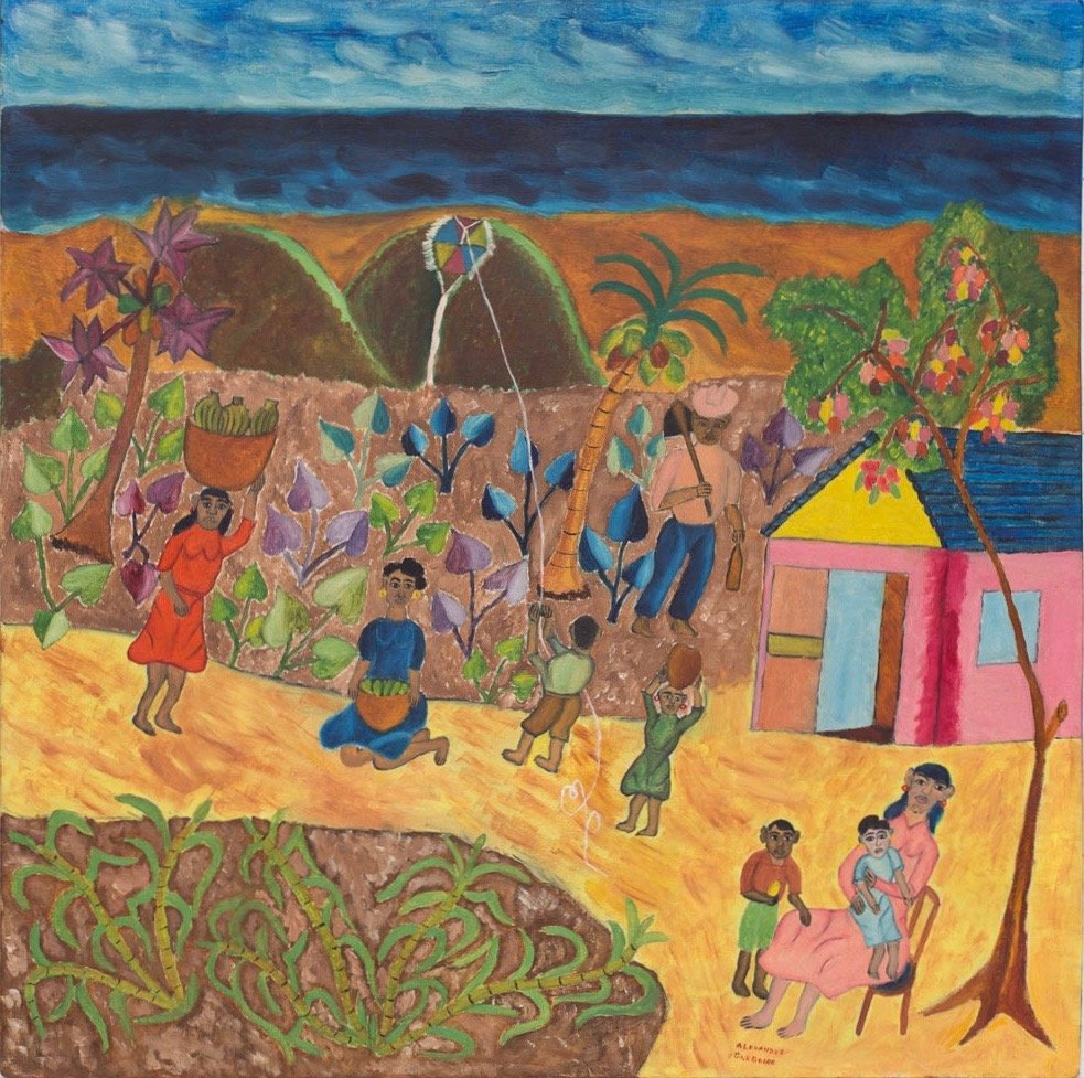 Alexandre Gregoire (Haitian/Jacmel, 1922-2001), Family: Alexandre Gregoire (Haitian/Jacmel, 1922-2001), Family House by the Sea, c. 1968 Oil on masonite, Framed, 24" x 24" A musician and military saxophone player, Gregoire, with the encouragement of the ar