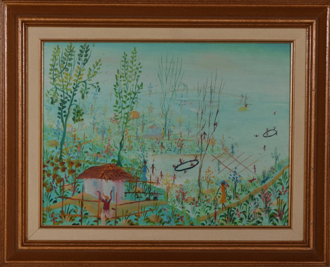 Artist Unknown (Haitian/20th c.), Dreamscape ,: Artist Unknown, (Haitian/20th C.) (Signed "W. Danus") Dreamscape, c.1980's Oil on canvas, Framed, Provenance Clayton Willis Estate Condition: surface dirt, old frame This lot is part of the Cla