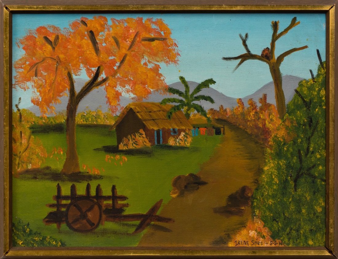 Irene Sags (20th C.) Rural Scene, Folk Painting, dated: Irene Sags (20th C.) Rural Scene, dated 5-5-71 Oil on canvas, Framed, 12" x 16" Provenance Clayton Willis Estate