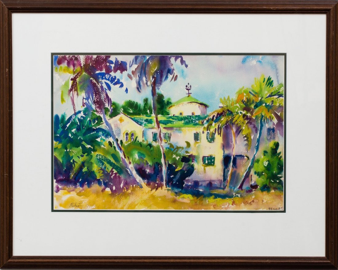Artist Unknown, Building with Palms: Artist Unknown (Signed illegibly "Ribé") Building with Palms Watercolor on paper, 14 1/4" x 21 1/4" Provenance Clayton Willis Estate