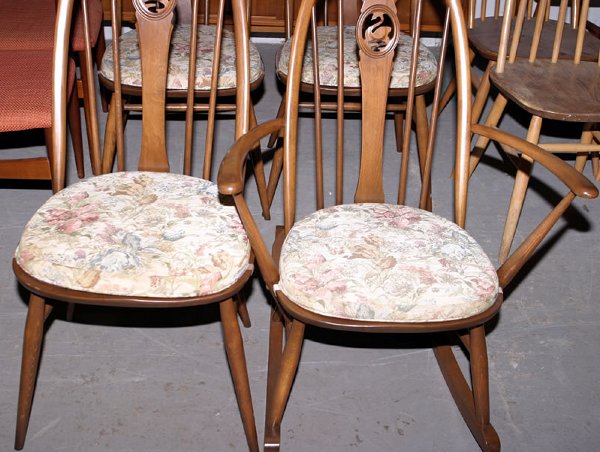 Ercol rocking chair with swan carved back and thr: Ercol rocking chair with swan carved back and three matching beech framed chairs