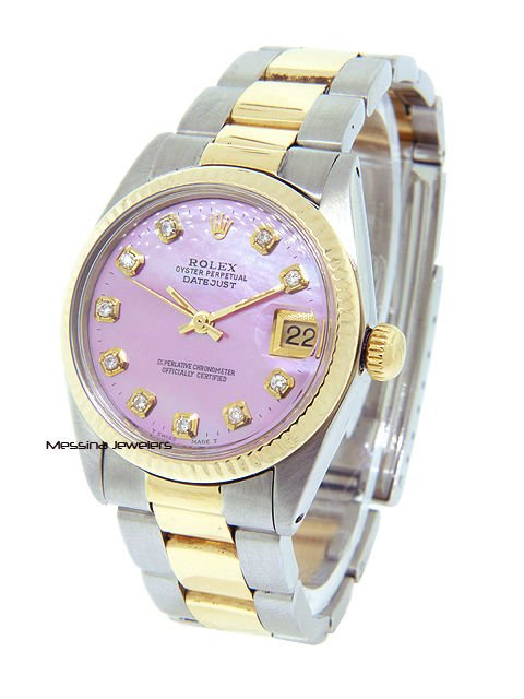 Rolex Datejust 18K Gold and Stainless Steel Watch: This is a beautiful authentic Rolex Midsize Datejust. The original Rolex face has been Professionally Custom Refinished with Custom Added Pink Mother of Pearl Stone and Genuine Diamonds.