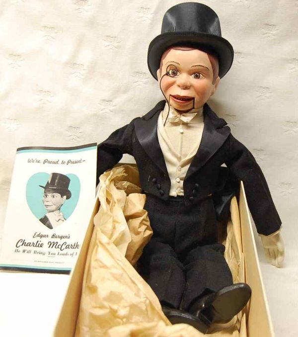 20" ORGINAL EFFANBEE CHARLIE MCCARTHY W/BOOK &: Rare attic find!! One of the orginal dolls from the 1940's still in the orginal box with Christmas Paper Attached!! Shoes still shine, hands are perfect, only natural crazing of the composition head i