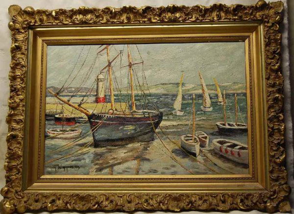 GUY WIGGINS NA OIL ON CANVAS PAINTING: HARBOR SCENE WITH MOUNTAINS IN THE BACKROUND IN ELABORATE GILT FRAME, AMERICAN ARTIST 1883-1962 WITH SALES UP TO $374,000.00, 24W, 16TALL PLUS 4" FRAME Guy Carleton Wiggins Biography : 1883 Born Broo