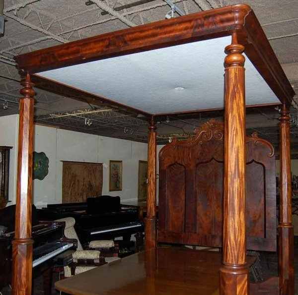 AMERICAN EMPIRE FOUR POSTER PLANTATION BED: OCTAGONAL POSTS, TRIPLE PANEL GOTHIC HEADBOARD, FLORAL CARVED CREST CA 1830, 68W, 86D, 93 TALL, INSIDE 58W, 75 LONG