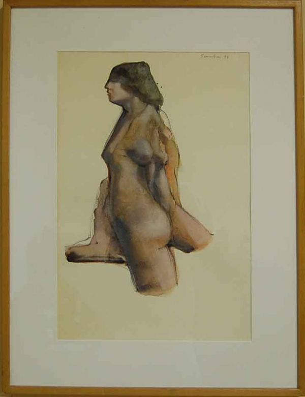 BRUCE SAMUELSON NUDE WATERCOLOR: SIGNED UPPER RIGHT CORNER DATED 76, 12"W, 18"TALL PLUS 6" FRAME AND MATT