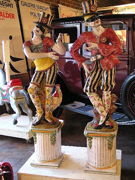 Pair of Terra Cotta Harlequin Figures on Pedestals