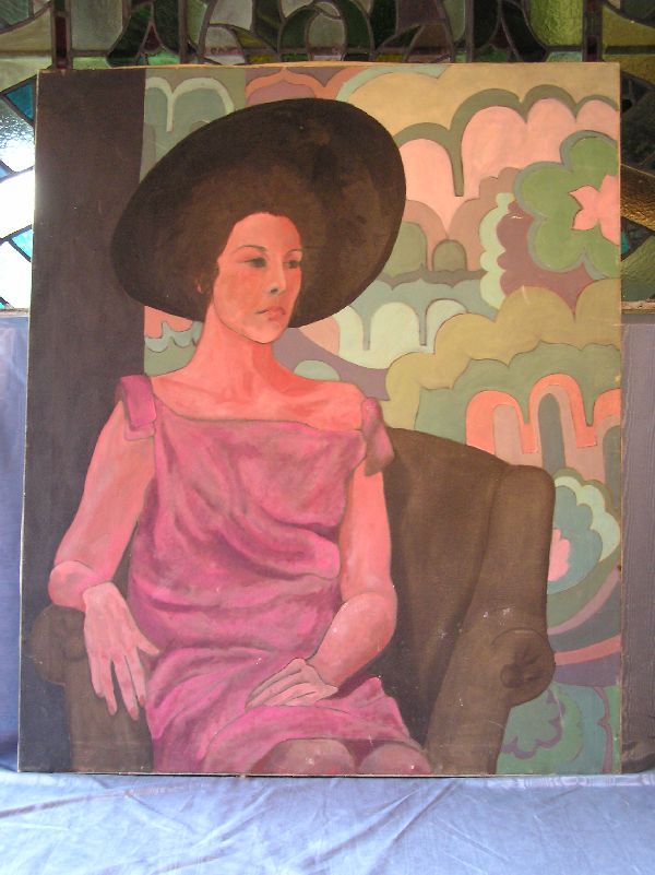 Oil on Canvas of Lady in Hat 303-31: Oil on canvas of a lady in a large hat. In the manner of Maxfield Parrish. Not signed. Painting measures 30" x 36". There is a small hole, approx 1/3" in the center.