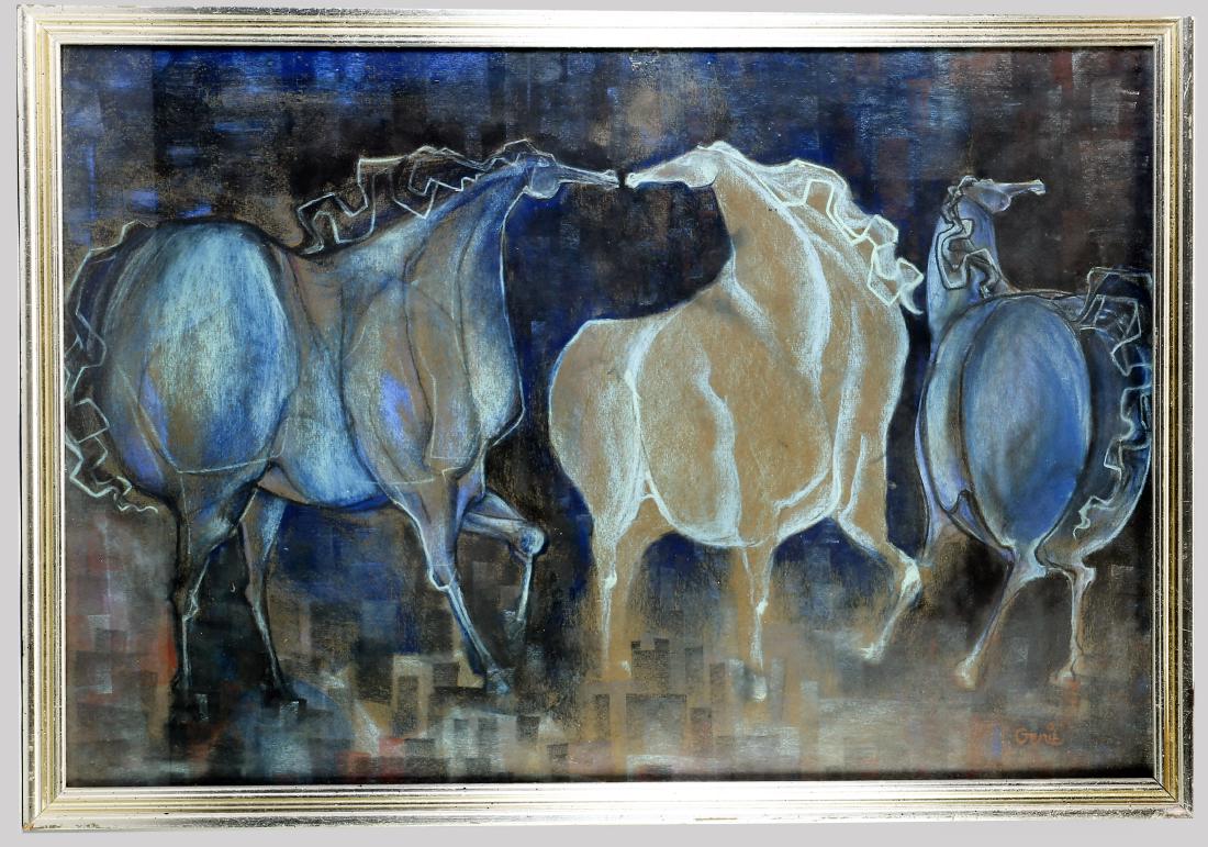 Mid-Century Modern Artwork Artist Signed, Pastel Horses (1 of 2)