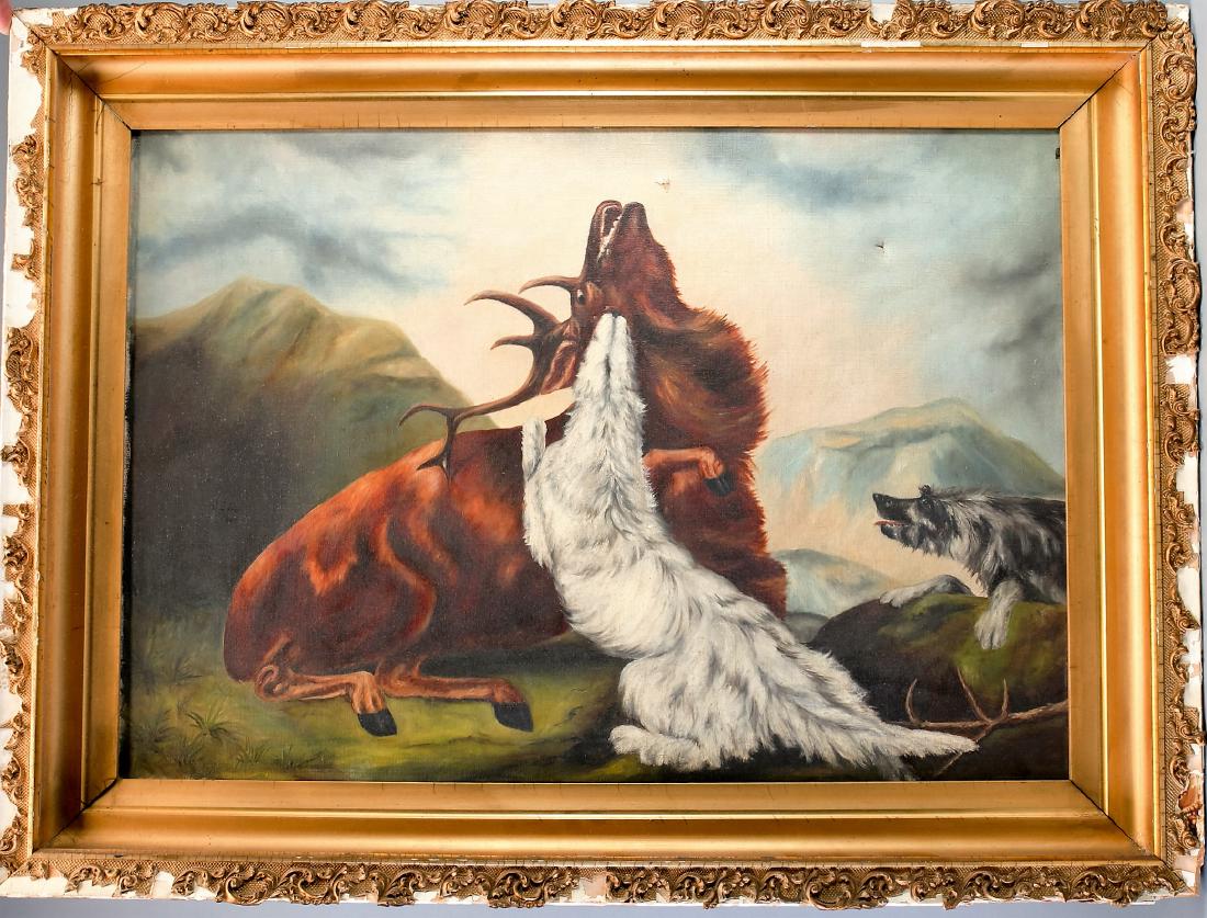 Large Victorian Elk & Wolf painting hunting (1 of 6)