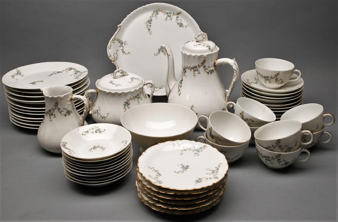 Assembled Set of Antique Limoges China: Lot of over 50 pieces. This is an assembled lot is marked Limoges. The set has the same pattern, but the edges are different with some scalloped, and some plain. Everything is in very good condition. 