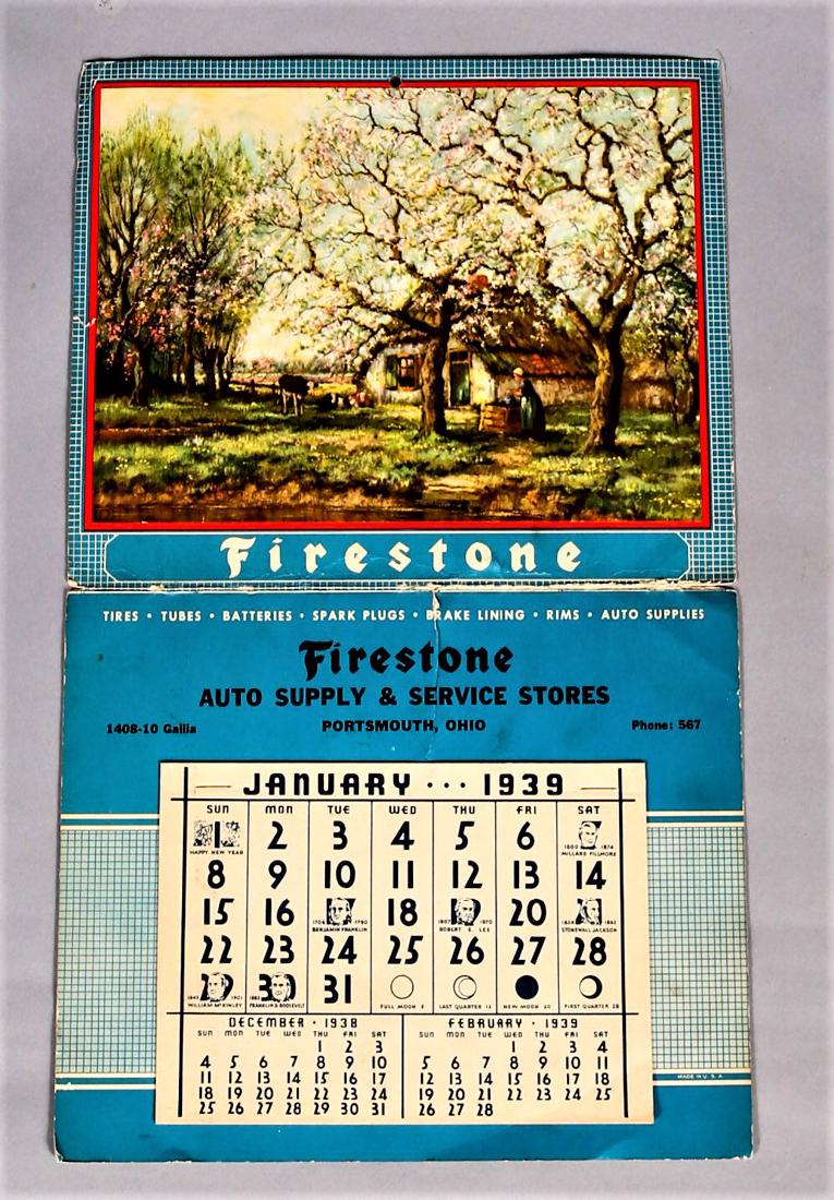1939 Firestone Tire Calendar Dealer Christmas Complete: 1939 complete calendar. From Auto Supply & Service Stores Portsmouth, Ohio. A dealer Christmas calendar. Calendar pages are complete. There is a rip along the hinges, as the picture part of the of the