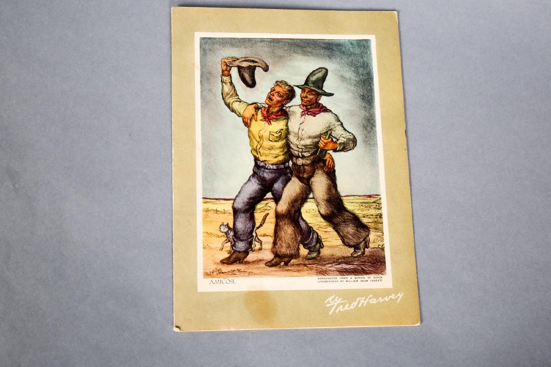 Vintage Drunken Cowboy, Fred Harvey Wine List, El Tovar: Cute vintage Fred Harvey wine list for the El Tovar Hotel, Grand Canyon National Park, South Rim and Bright Angel Lodge. Cover art is from lithographs by William Dean Fausett. In very good condition, 