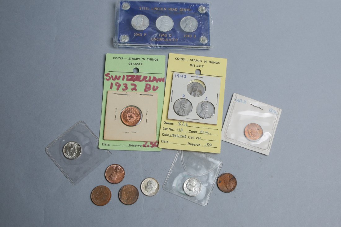 Lot Of Pennies and Silver Dimes: Pennies3 steel pennies in lucite case. 3 1943 pennies on card1 1960 penny1 1932 Switzerland Penny in card4 loose pennies1 1945 Dime1 1942 dime1 1962 dime