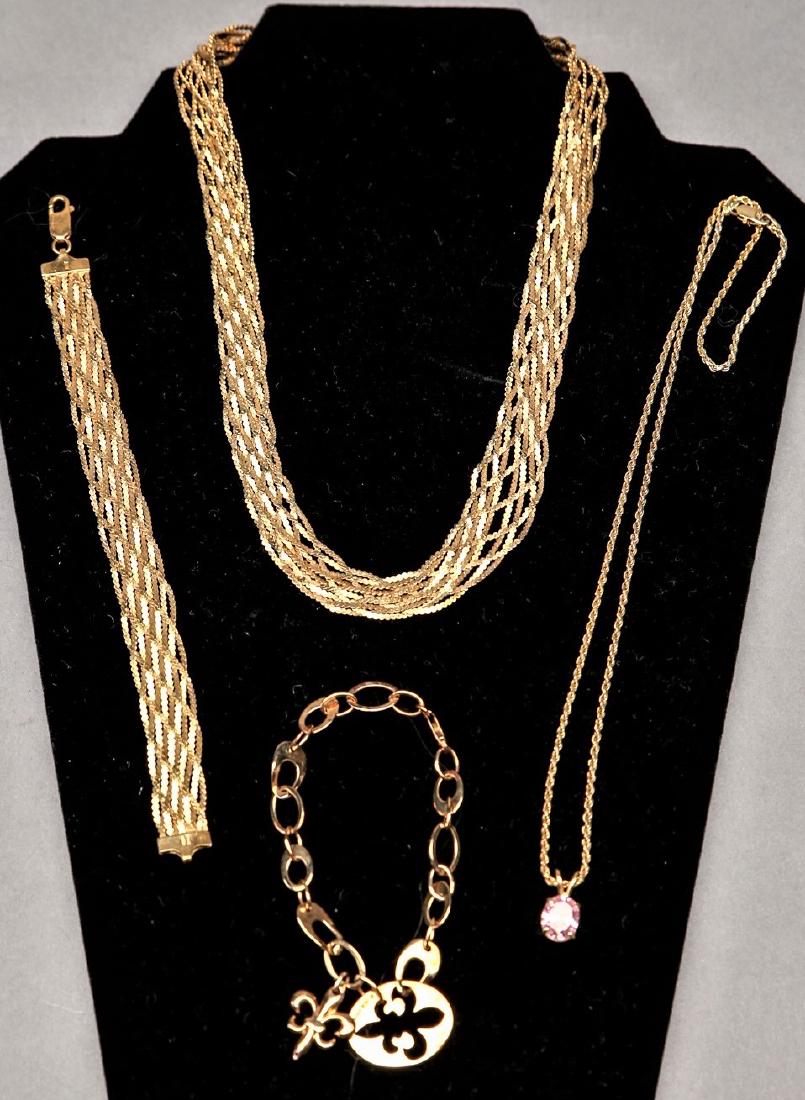 Lot of 4 pc Gold Vermeil Jewelry: Nice 4 piece lot consisting of 2 necklaces and 2 bracelets. 1 necklace and 1 bracelet match, the other 2 do not. The other necklace has a pink spinel drop.