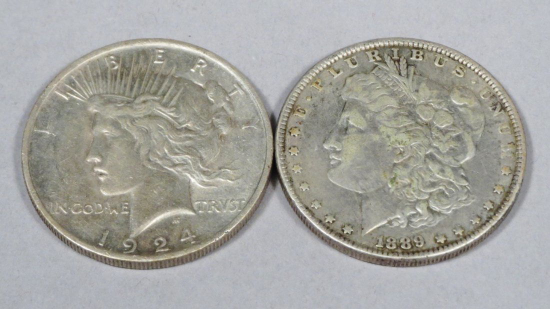 Lot of 2 Morgan 1889 Peace dollar 1924 SIlver dollar (1 of 2)