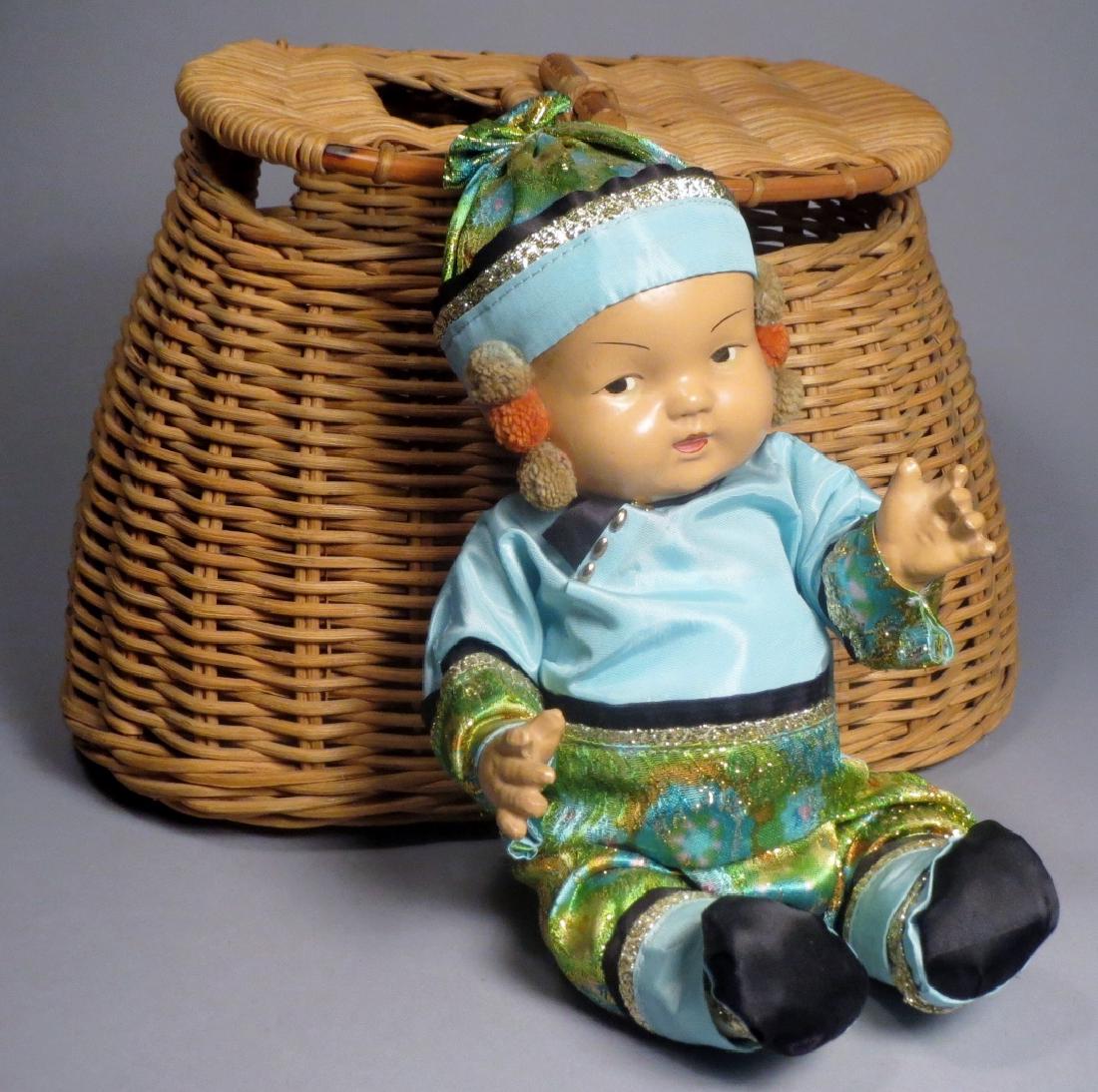 Vintage NOS fishing basket & Composition Doll: Vintage New old stock fishing basket & composition doll. Tag on the basket for Western's, Doll is composition and in very good condition. Do;; appears in excellent condition. No craze on the doll. .