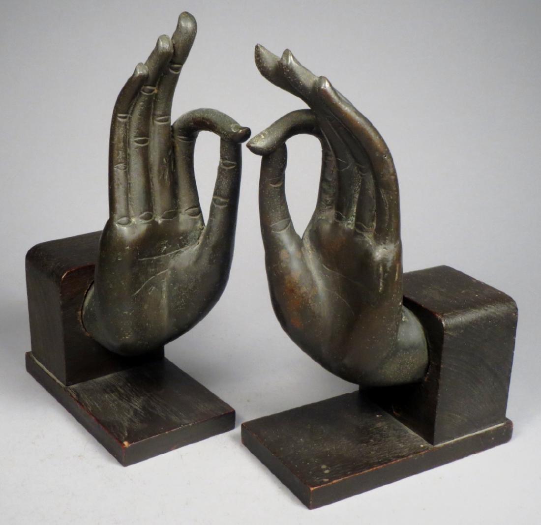 Antique  Thai Bronze Buddha Hands, Pair Mounted on Wood (1 of 9)