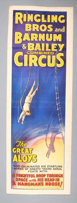 Ringling Brothers & Barnum & Bailey Circus Aloys: Combined show. The Great Aloys Circus Poster. Erie Litho. Old folds. Note of $2.00 in graphite on the margins of the piece. Small fold tear and slight tape remains on the top at the Baileys. Colors ar