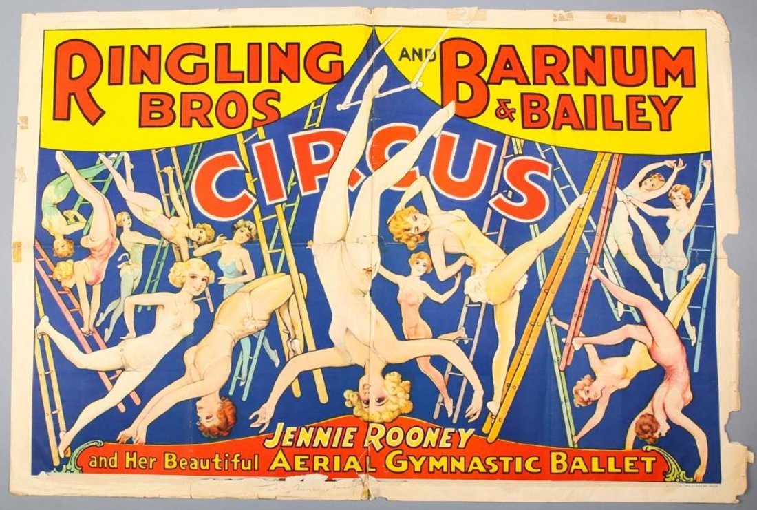 Vintage Ringling Bros & Barnum & Bailey Jennie Rooney.: Jennie Rooney and her Beautiful Aerial Gymnastic Ballet. Has remains of another sheet of paper along the bottom. Old folds, ripping along the centers folds. Chips and wear throughout. In good to fair