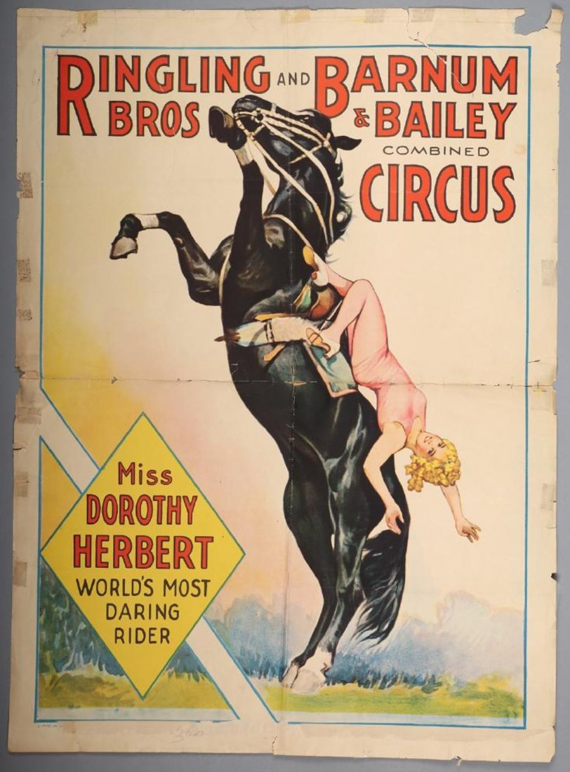 Ringling Bros and Barnum & Bailey Miss Dorothy: Miss Dorothy Herbert Worlds most Daring Rider! Has tape marks, andsome wears. Litho in USA on the bottom. Has remains of another piece of paper that was attached along the bottom.28.5 X 20 Poster has 