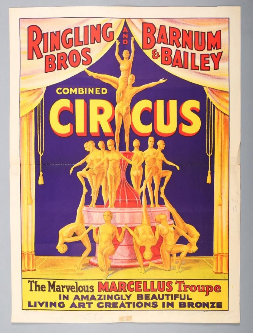 Vintage Ringling Bros & Barnum & Bailey Marcellus trou: The Marvelous Marcellus Troupe in the amazing beautiful Living Art Creations in Bronze! Pencil mark of $2.5o on the lower margins. Old folds. Tape pieces on the back. Remains of another piece of paper