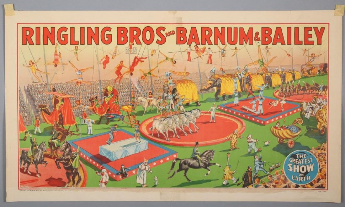 Ringling Brothers & Barnum & Bailey Circus Poster: Multiple animal rings, The Greatest Show on Earth. Bill Bailey, 1945 Erie printed along the bottom, which you can see under the remains of another piece of paper that was attached at one time along th