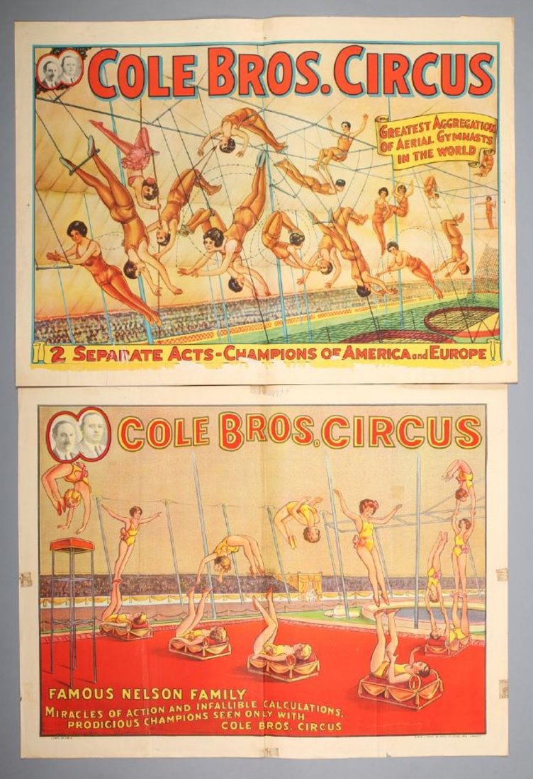 Vintage Pair~Cole Bros Circus Poster: Greatest Aggregation of Aerial Gymnasts in the World, The Famous Nelson Family - Beautiful imagery of circus acrobats preforming 21" x 28"- Made by the Erie Litho & PTG co