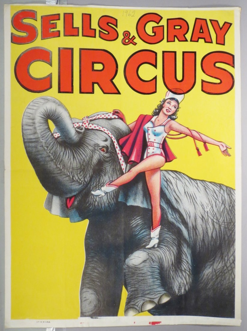 1962 Sells & Gray Circus Poster ~ Elephant & Rider (1 of 1)