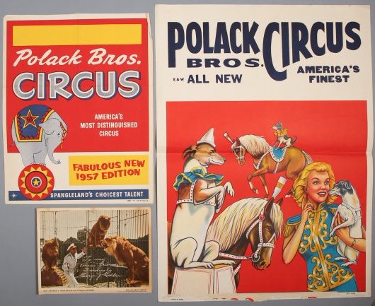 Polack Bros Circus Items Keller Autographed: Polack Bros. circus items include a signed 8x10 photo of lion tamer, George Keller, taming his lions and 2 vintage posters. Small poster is 18" x 14". and the larger one is 28" x 21". Vibrant graphics