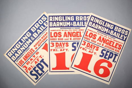 3 Ringling Bro and Barnum & Bailey Circus Posters: 3 red, white and blue vintage circus posters for their Los Angeles show on Sept. 16th. all 3 are 28" x 21".