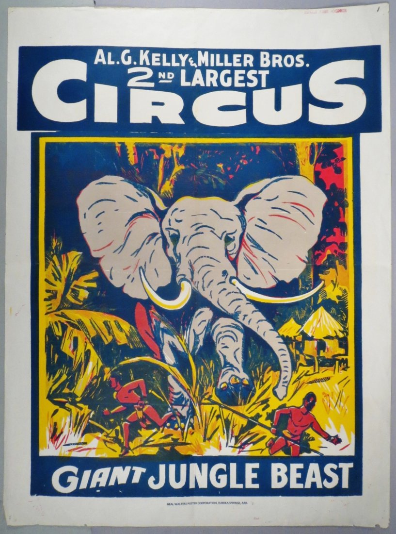 Al G. Kelly & Miller Bros. Circus Poster: Vintage poster featuring the 2nd largest circus and the "Giant Jungle Beast". Measures 21" x 28". Great Graphics. Printed by Neil Walters Poster Corp.
